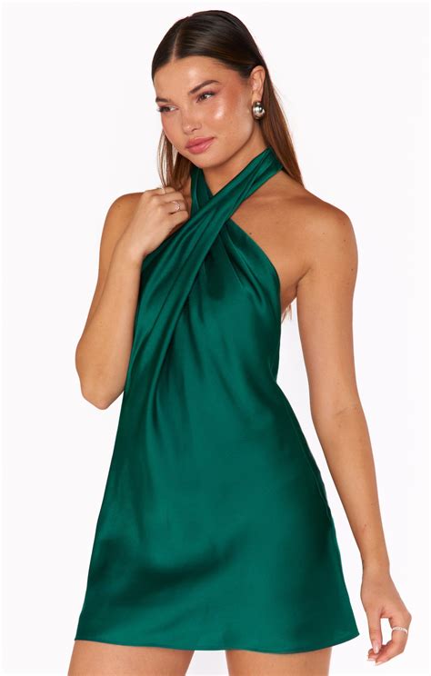 Jasmine Halter Mini Dress ~ Emerald Luxe Satin | Halter mini dress ...