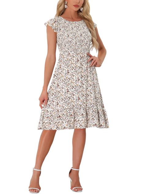 Allegra K Women's Floral Print Smocked Summer Dress with Cap Sleeves ...