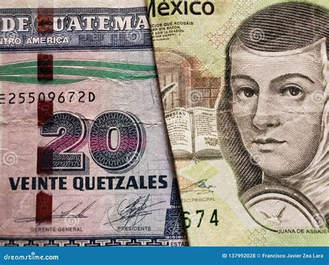Approach To Guatemalan Banknote of Twenty Quetzales and Mexican ...