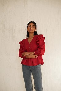Cotton Buttoned Blouse, V Neck Sleeve Top, Frill Sleeve Cotton Blouse, Full Sleeve Summer Top, Flowy Shirt, Casual Boho Shirt, Custom Fit - Etsy