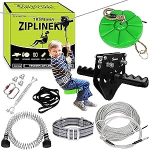 TRSMIMA Zipline Backyard Kit - 76ft Zip line Zipline Trolley Steel Spring Brake System