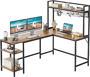 CubiCubi L Shaped Desk with Hutch, 66.9" Corner Computer Desk with Iron mesh Rack, Home Office Gaming Table with Storage Shelves, Space-Saving, Fir