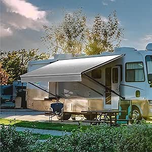 Suncode RV Awning for RV,Camper&Travel Trailers–Manual RV Awning Complete Kit,Manual Camper Awning,RV Roll Out Awning– 13x8Ft – Black Frame &Sliver Fade