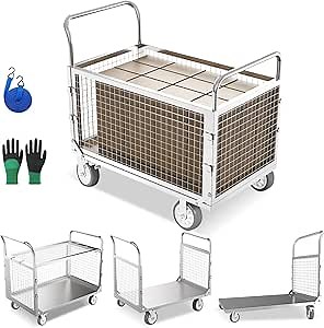 Platform Truck Cart with Cage, 4in1 Foldable Hand Truck Flat Cart, Push Cart Dolly Heavy Duty, Load 1600LB, with 6" Swivel Brake Casters, for Grocery, Laundry, Storage (39" x 24")
