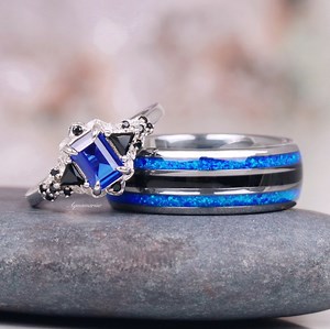 Blue Sapphire & Fire Opal Couples Ring Set- His and Hers Ring Set- Black Diamond Matching Wedding Bands- Unique Wedding Rings- Gift Idea - Etsy
