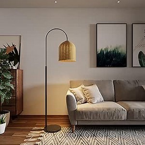 Rattan Floor Lamp, 65in. Boho Wicker Floor Lamp with Natural Rattan Shade, Rustic Arc Standing Lamp for Coastal, Beach or Bohemian Style Decor (Bohemian-Black)