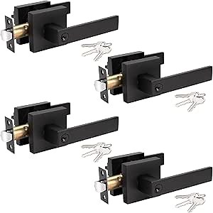 KNOBWELL 4 Pack Front Door Handles with Key and Lock Exterior Black Lever Door Handles Entry Door Leverset with a Black Finish(Not Same Key)