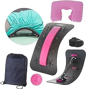 Back Cracker Device for Back Pain & Lumbar Support, Set of Back Stretcher Chiro Board, Neck Pillow, Massage Ball and Travel Bag, Must-Have Massage Tools, Pink - TBSC