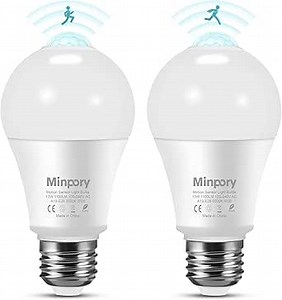 Minpory Motion Sensor Light Bulbs Outdoor, Movement Activated Dusk to Dawn LED Security Bulbs, 13W(100W Equivalent) A19 E26 5000K Daylight Cool White for Garage Porch Basement Hallway Closet, 2 Pack