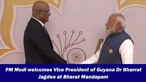 PM Modi welcomes vice president of Guyana Dr Bharrat Jagdeo at Bharat Mandapam