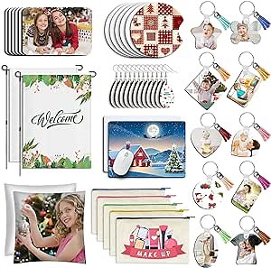 Deekypol 99Pcs Sublimation Blanks Products, Sublimation Starter Kits Including Blank Fridge Magnet, Garden Flag, Keychain Earring Mouse Pad Blank Sublimation Kits for Beginners Heat Transfer Craft
