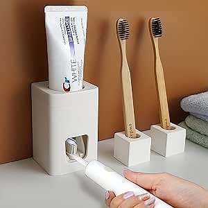 Toothpaste Dispenser, Wall Mounted Toothpaste Dispenser, Toothpaste Holder with Toothbrush Stand Diatomite, Toothbrush Holder and Toothpaste Squeezer White