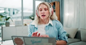 Woman, video call and laptop or headphones at house for online learning, solving project and education lesson. Female student, talking and elearning presentation as virtual class of knowledge goal