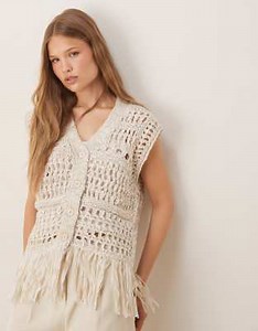 ASOS DESIGN knitted stitch mix crochet fringed multiply button front tank top in stone | ASOS