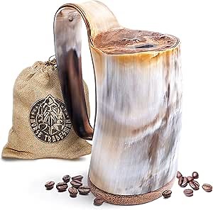 Norse Tradesman Horn Coffee Mug - 12 oz Handcrafted Ox-Horn with Hardwood Base - Double Sealed For Hot Liquids - Wide Mouth Coffee Tankard