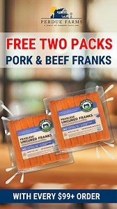 Woohoo, limited-time offer alert! Get FREE 2 packs of Uncured Pork and Beef Franks with every $99 order!⁣ 🌭🌭😋 The perfect blend of heritage-breed pork and true Angus beef, this uncured hot dog is nothing short of sublime – smooth, mild and a favorite of adults and kids alike. Plus, with no MSG or added nitrates or nitrites, you’ll feel confident serving these franks to your family. ⁣ Shop now www.perduefarms.com | Perdue Farms
