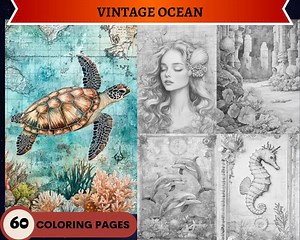 60 Vintage Ocean Grayscale Coloring Pages |mermaids Corals Turtles Fantasy | Adult Coloring Pages | Printable PDF | Instant Download - Etsy