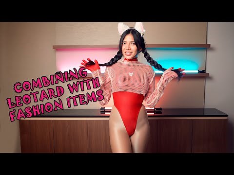 Cute Model in High Leg Spandex Leotard and Pantyhose Combination Try On