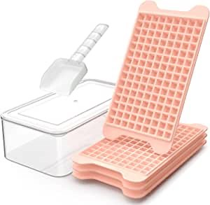 Small Ice Cube Tray for Freezer: MOOFEI Mini Ice Cube Tray with Bin - 135×4PCS Easy Release Nugget Ice Tray - Crushed Ice Tray Pink