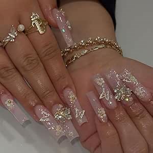 Long Press on Nails Square Fake Nails Extra Long Pink False Nails with Diamond&Silver Butterfly Flowers Charms Press on Designs Acrylic Nails Press on Artificial Nails Stick on Nails For Women 24Pcs