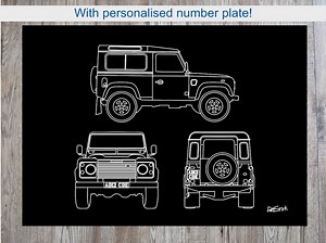 A3 Defender 90 Front, Side and Back Plot on Black Foamboard. - Etsy UK