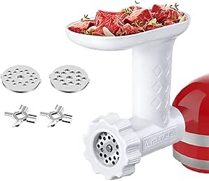 Antree Food Grinder Attachment for KitchenAid Stand Mixers, Includes Two Stainless Steel Blades and Grinding Plates, White