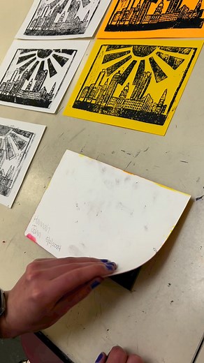 The best part of linocut printmaking is pulling prints! We used Blick Art Materials Wondercut linoleum and printed on liquid watercolor backgrounds. #printmakingprocess#printmaking #linocut #linocutprint #pullingprints #arteducation | That Art Teacher