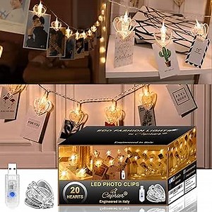 Luxury Photo Clips String Lights, Hanging Fairy Lights with Clips for Pictures 16.4 Feet x 20 LED - USB Powered, 8 Light Modes, 4 x Wall Hooks, Room Girl Decor