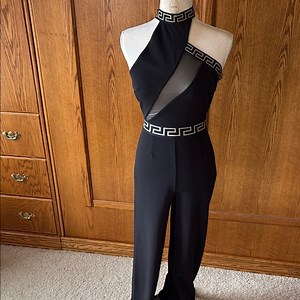 Elegant Black Halter Jumpsuit with Greek Key Design