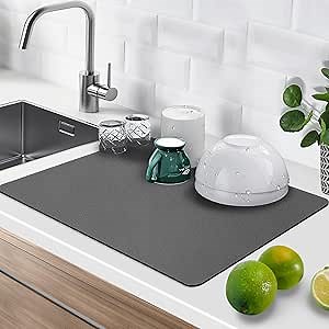 Dish Drying Mats for Kitchen Counter - 24"x16" Dish Drying Mat with Non-slip Rubber Backed, Hide Stain Anti Absorbent for Kitchen Counter, Drying Mat for Coffee Machine Dish Rack(Gray)