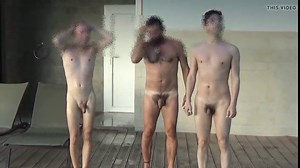 Four men at swimming pool