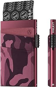 VULKIT Slim Pop Up Card Wallet for Men Women, RFID/NFC Blocking Aluminum Card Holder with 2 Fabric Camo Print Pockets for Cash, Coins, Airtag and others, Red