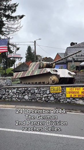 In December 1944, the 2nd Panzer Division reached the village of Celles, just a few miles from the Meuse River. Here, a local café owner tricked the crew of a German Panther tank, sending them into a mined field and stopping their advance. This spot marks the farthest point the German army reached during the Battle of the Bulge. #battleofthebulge #panthertank #germantanksww2 #ww2 #wwii #ww2history #worldwartwo | Joël Stoppels Battlefield Tours
