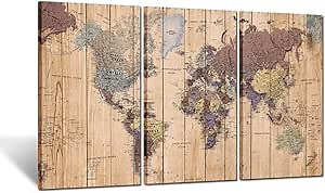 KREATIVE ARTS Large Size 3 Panel Vintage World Map Canvas Wall Art for Home Decor Map of the World Posters Prints Painting Modern Artwork Wooden Framed Maps Office Decor