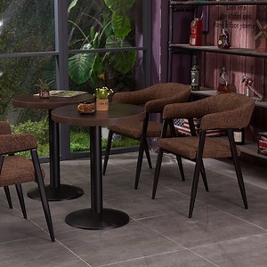 [Hot Item] Dark Brown Wooden Western Restaurant Furniture Dining Table for Cafe Bar Milk and Tea Shop Solid Wood with Metal Base Table Round Table Square Table