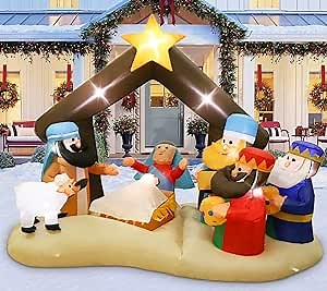 Inflatables Nativity Scene Outdoor Decorations 6.8FT, Christmas Blow Up Yard Decorations Nativity Sets with 10 LEDs,Larger Inflatable Baby Jesus in Manger Outdoor for Garden Lawn Patio Decorations