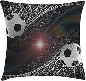 Ambesonne Teen Room Throw Pillow Cushion Cover, Soccer Balls Goal Match Success Concept in The Outer Space Winner Glory Theme, Decorative Square Accent Pillow Case, 18" X 18", Black Magenta