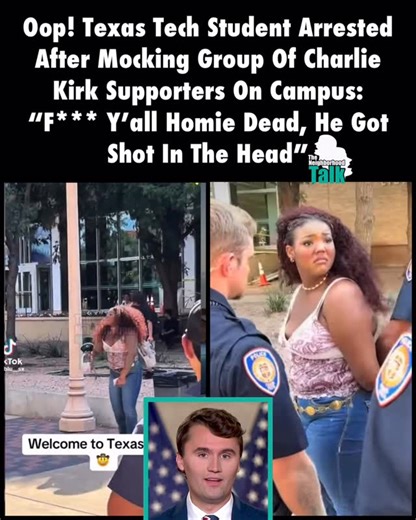 The Neighborhood Talk on Instagram: "TNHT Staff: @therealmeche_ ______________ Neighbors, get into this. A Black student at Texas Tech was detained by police after she mocked Charlie Kirk supporters as they protested on campus. ______________ In the viral video, 18-year-old Camryn Booker can be seen counter-protesting a group of Charlie Kirk protesters who were holding signs in remembrance of the slain Conservative figure. Camryn approached the group of men and began to laugh at Kirk’s death. __