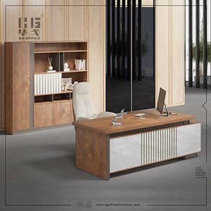 [Hot Item] Luxury Commercial Office Boss Table Computer Desk L Shaped Executive Desk with Shelves