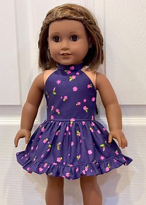 Purple Halter Sun Dress with pink flowers for 18-inch doll