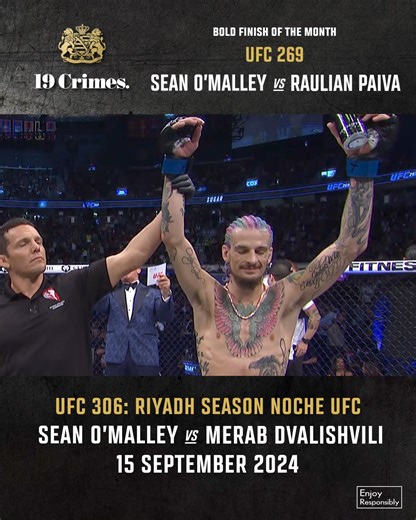 9️⃣月のボールドフィニッシュ🍷👊 #UFC269 よりショーン・オマリー🆚ハウリアン・パイバ戦💥 バンタム級王者となったオマリーは今週末、メラブ・ドバリシビリを相手に防衛戦🏆️ 【 #UFC306 RiyadhSeason #NocheUFC | #𝔹𝕠𝕝𝕕𝔽𝕚𝕟𝕚𝕤𝕙𝕆𝕗𝕋𝕙𝕖𝕄𝕠𝕟𝕥𝕙 #BFOTM | Presented by 19 Crimes 】 | UFC