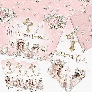 Juweked 3Pcs First Communion Table Cloth Plastic First Communion Decorations for Girls Baptism Table Cloth Mi Primera Comunion Table Cloth God Bless Baptism Decorations for Christening Confirmation