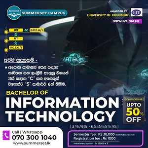 Bachelor of Information Technology - BIT offered by University of Colombo - 👩‍🎓Have you not applied for BIT degree yet? Intake of new students is now taking place. - After O/L > FIT > BIT or after A/L > BIT... 👉 A three year bachelor degree offered by University of Colombo School of Computing (UCSC), Sri Lanka. 👉 Registration for NEXT INTAKE is NOW OPEN! 👉 Location - Online via Summerset Campus 👉 Duration - 3 Years (6 semesters) 📌 Class Times : Weekend Batch - Sunday - (8 am to 1 pm) 📌 E