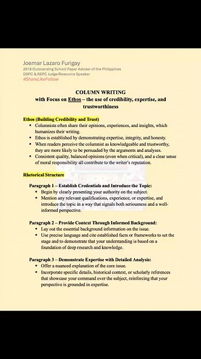 Using Ethos (credibility, expertise, trustworthiness) in Column Writing #JournalismExcellence #COLUMNWRITING #pressconference | Joemar Lazaro Furigay