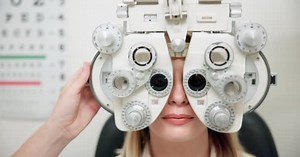 Woman Phoropter Eye Test Optometrist Vision Refraction Consultation Prescription Glasses