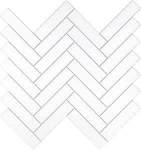 The Tiles Plaza 10-Sheet Peel and Stick Backsplash for Kitchen, 12" x 13" White Herringbone Stone Composite Self Adhesive Wall Tiles, Stick on Tiles Backsplash for Bathroom, Fireplace, Shower