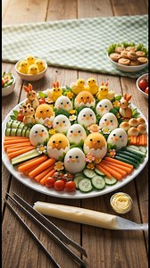 Easter Chick & Bunny Veggie Platter 🐣🥕 This adorable Easter platter is the ultimate showstopper for brunch or spring parties. Cute little egg chicks surrounded by fresh veggies make healthy snacking fun and festive. Save this idea for your Easter table! Ingredients 12 hard-boiled eggs Small carrot piece (for beaks) Black peppercorns or edible food dots (for eyes) Baby carrots Cucumber slices Cherry tomatoes Broccoli florets Lettuce leaves Fresh herbs or edible flowers (optional) Instructions B