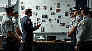 Police officers in uniform are gathered in a modern office, discussing investigation details while pointing at a whiteboard filled with photos and notes, creating a collaborative atmosphere for problem-solving | Premium Stock Video Footage