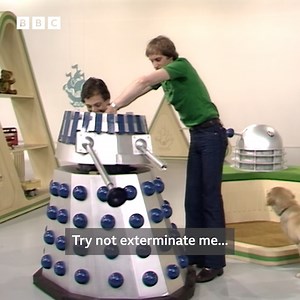 Exterminate! Made entirely out of cardboard and other household items, #OnThisDay in 1979 Richard Berelson brought his homemade Dalek into the Blue Peter studio. | BBC Archive