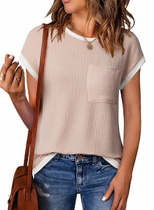 SHEWIN Women's T Shirts Ribbed Knit Tee Blouses Short Sleeve Crewneck Color Block Textured Trendy Summer Tops